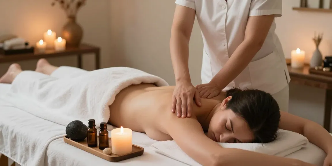 Relaxing 스웨디시 massage scene with therapist and calming spa elements