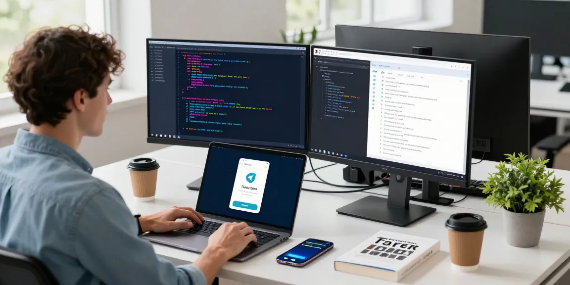 Professional tech workspace with developer coding the 纸飞机中文版 app, showcasing modern office setup and vibrant screens.