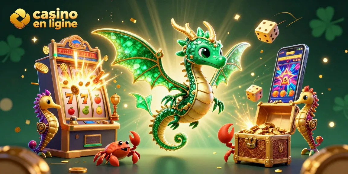 Visualisez un dragon de mer 3D flottant avec un coffre au trésor, illustrant l'univers du casino en ligne.