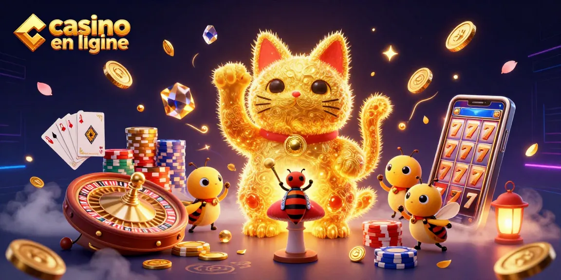 Jouez au casino en ligne avec le chat porte-bonheur entouré de pièces et de cartes dans une illustration dynamique.