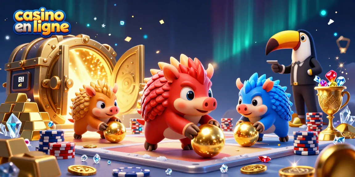 Accédez à un casino en ligne avec nos pangolins rivaux jouant entre des piles de jetons et d'or.