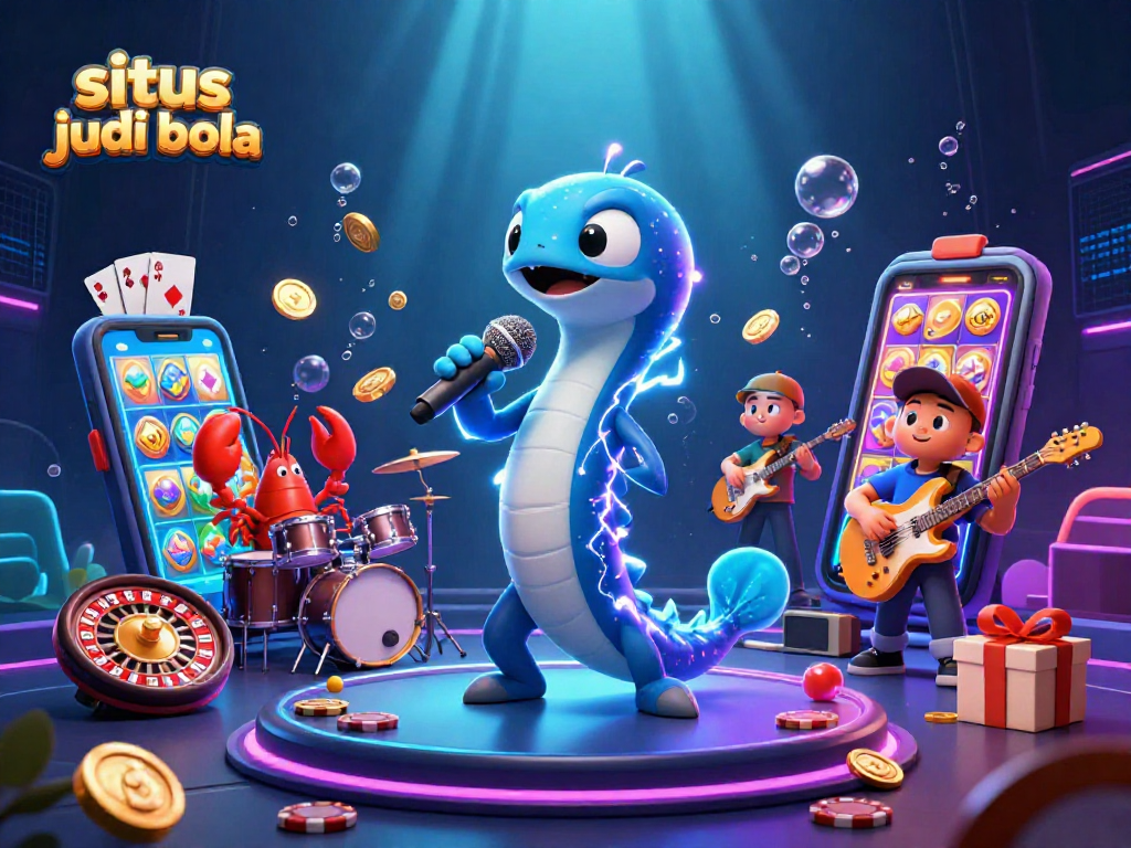 Situs judi bola: Electric eel DJ performing at an underwater casino with vibrant game elements.
