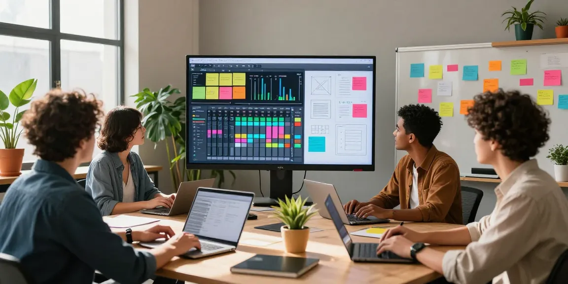 Collaboration on a digital mixboard in a vibrant modern office.
