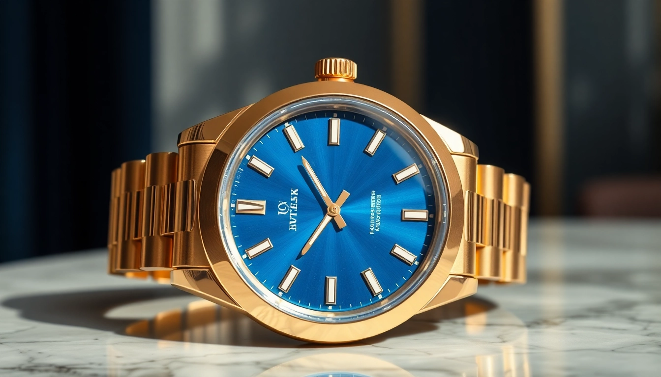 Showcase of a detailed rolex replica watch with a gold case and blue dial, emphasizing its luxury.