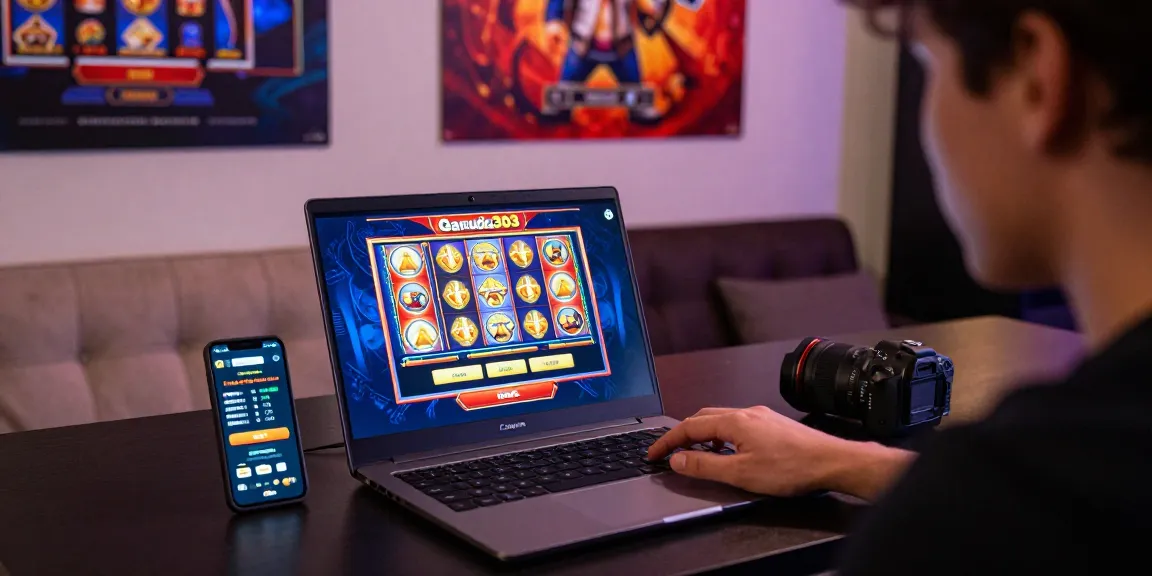 Logging into garuda303 with vibrant slot games on laptop, showcasing online gambling excitement.