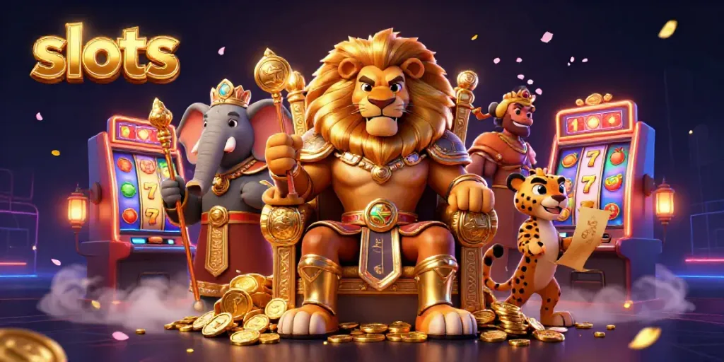 Experience thrilling slots action with a cartoon lion king, elephant, and cheetah in a dynamic casino scene.