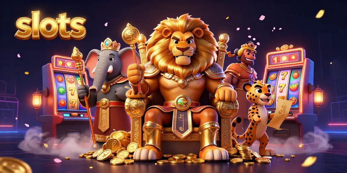 Experience thrilling slots action with a cartoon lion king, elephant, and cheetah in a dynamic casino scene.