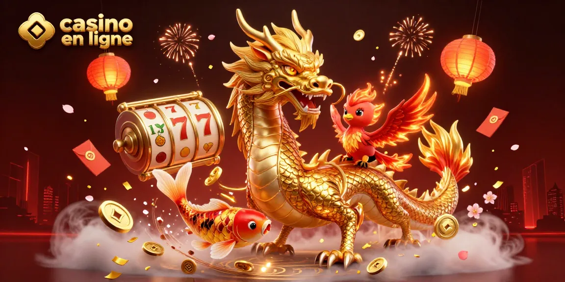 Visualisation dynamique d'un casino en ligne avec un dragon, un phénix et des poissons porte-bonheur le tout entouré d'éléments de jeux.