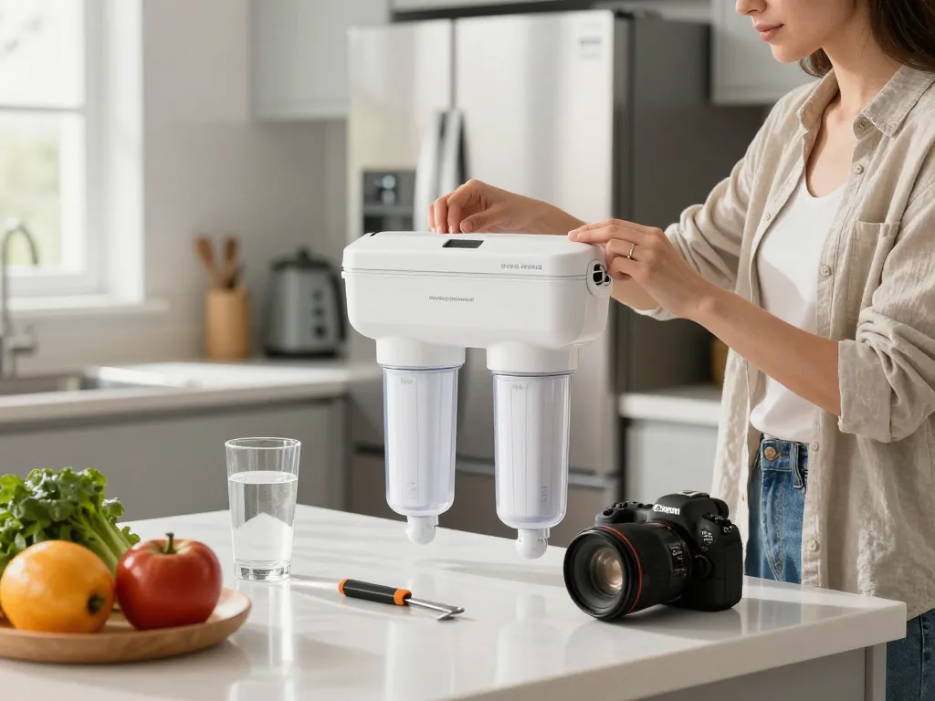 Waterdrop Replacement for GE® RPWFE® filter installation in a modern kitchen.