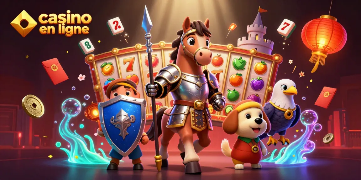 Visualisez un logo de casino en ligne avec des éléments de jeu dynamique et des personnages fantastiques.