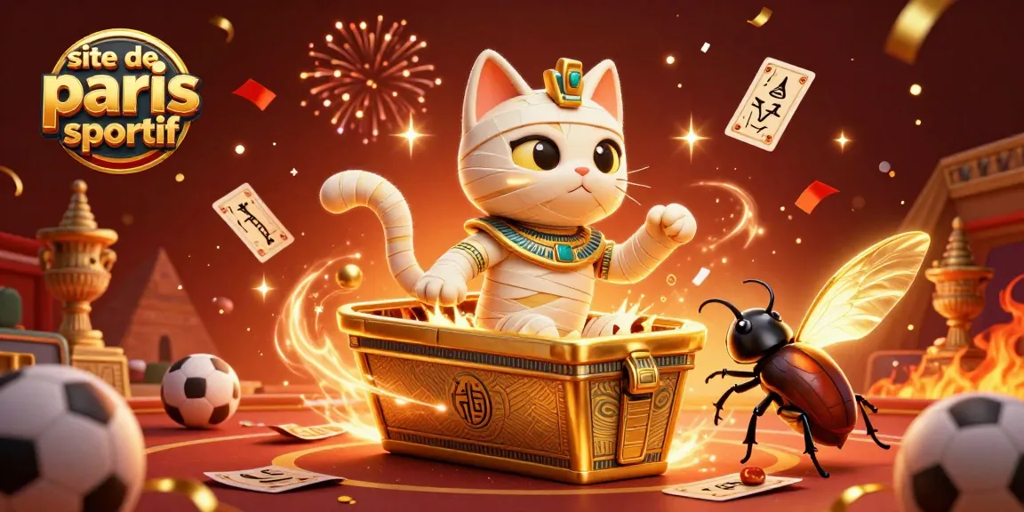 Visualisez le site de paris sportif avec un chat momie égyptien et des éléments de jeu actifs.