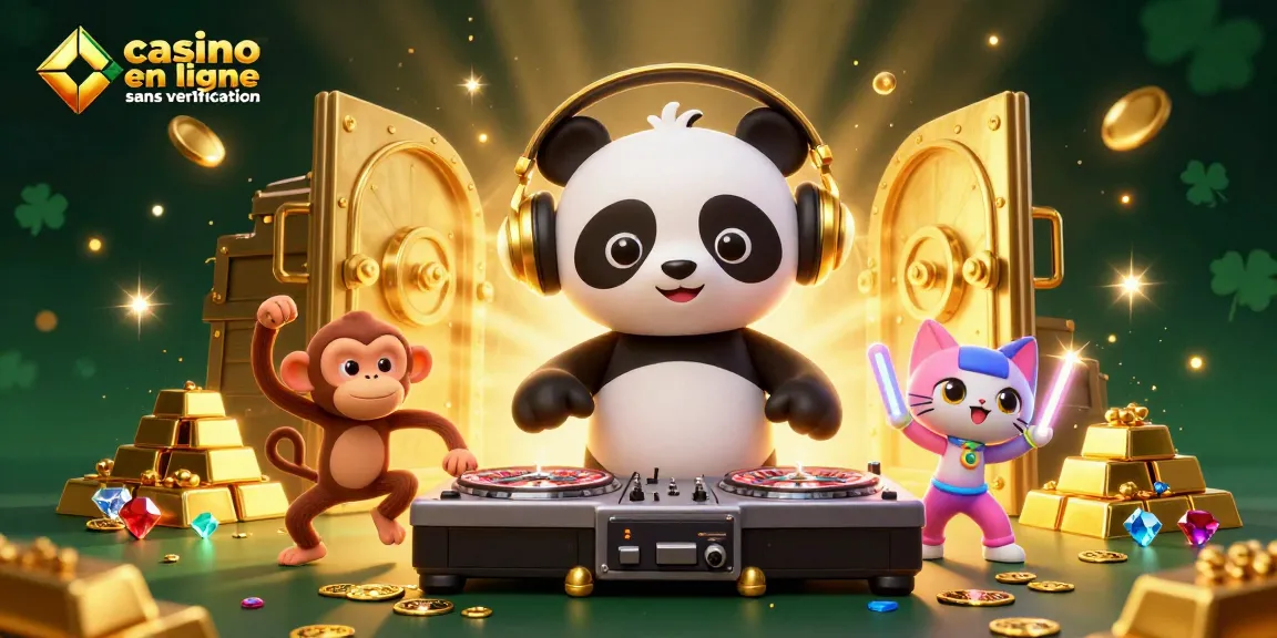 Jouer au casino en ligne sans vérification avec DJ panda, singe dansant et chat rave.