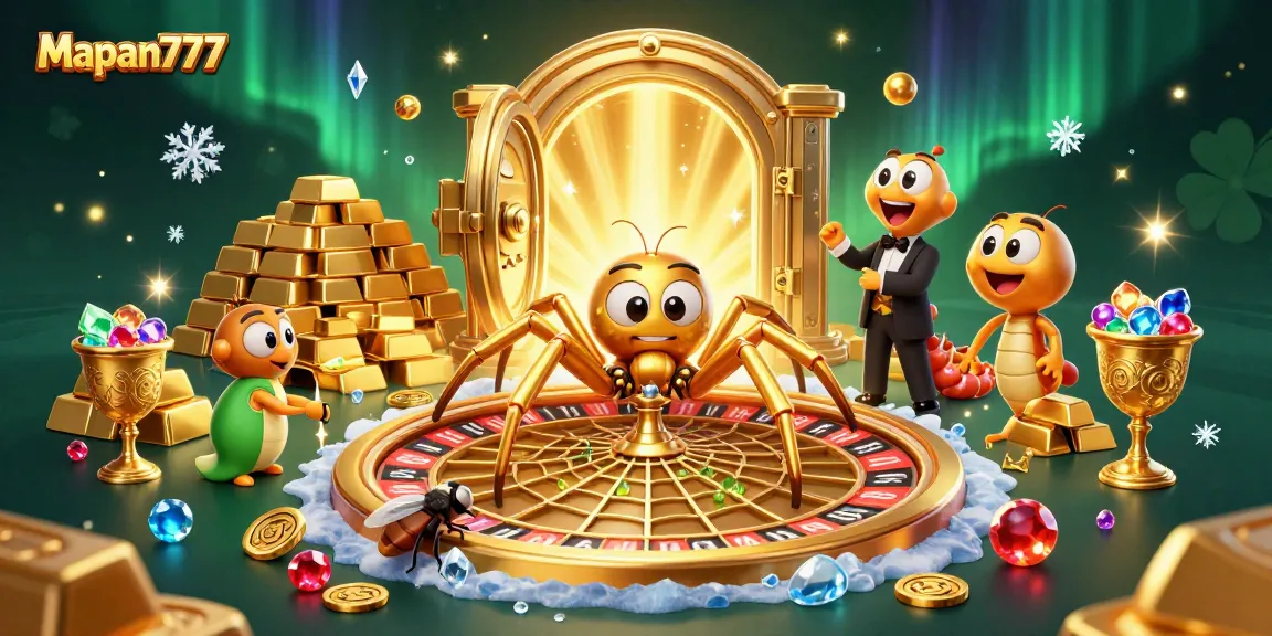Mapan777 spins golden roulette while a fly bets nervously in a vibrant casino scene.