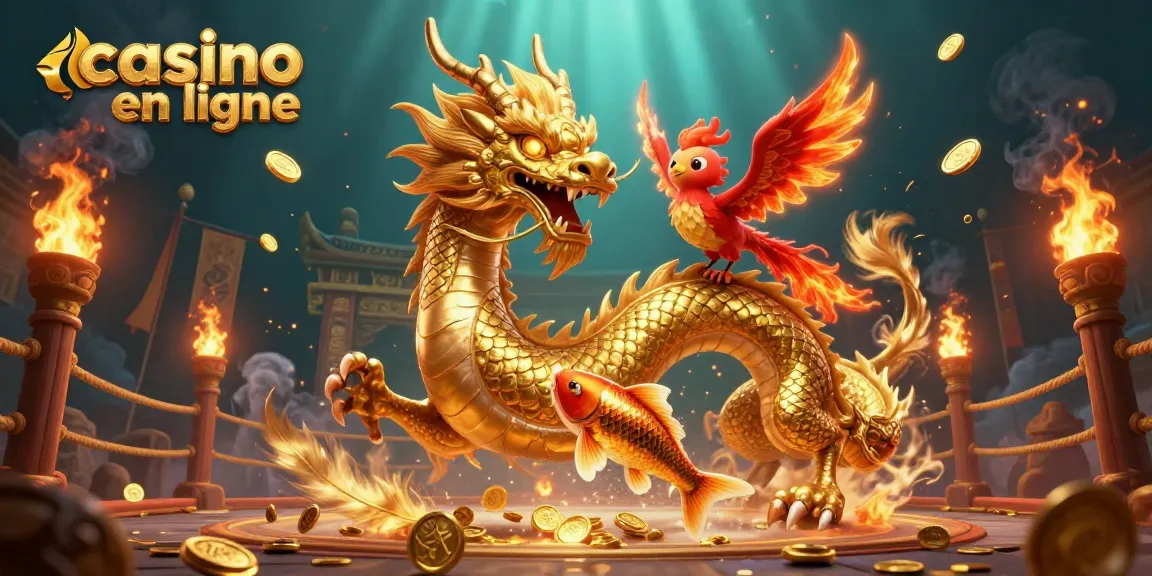 Profitez des jeux passionnants sur casino en ligne avec un dragon doré et des éléments de casino.