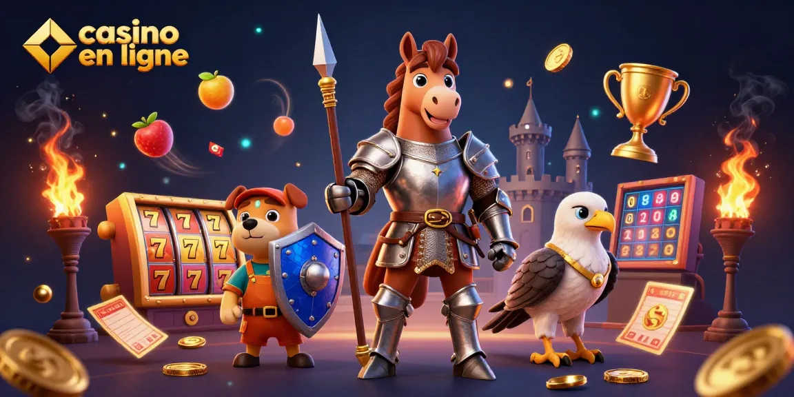 Jouez à des jeux captivants sur casino en ligne avec un chevalier, un chiot et un faucon captivants.