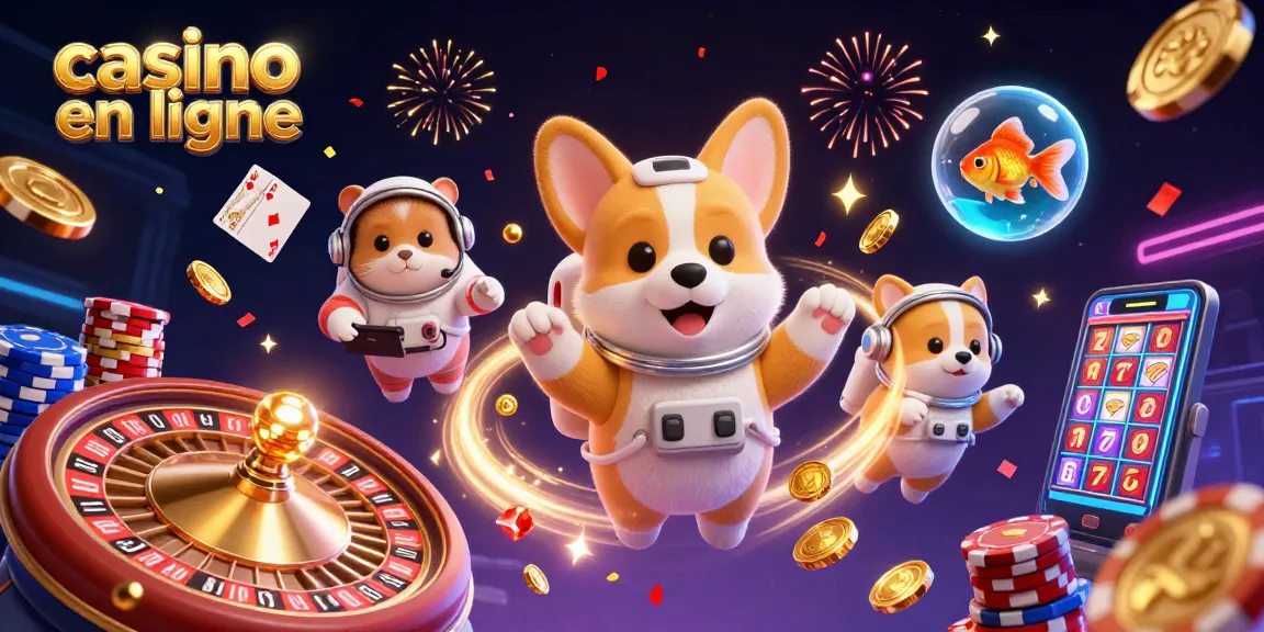 Jouez au casino en ligne avec cette illustration 3D animée mettant en avant des personnages amusants dans une scène festive.