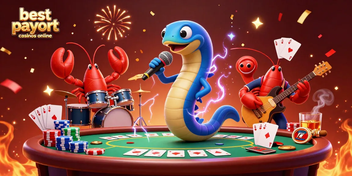 A lively underwater scene showcasing best payout casinos online with a DJ eel, lobster drummer, and seahorse guitarist surrounded by poker elements.