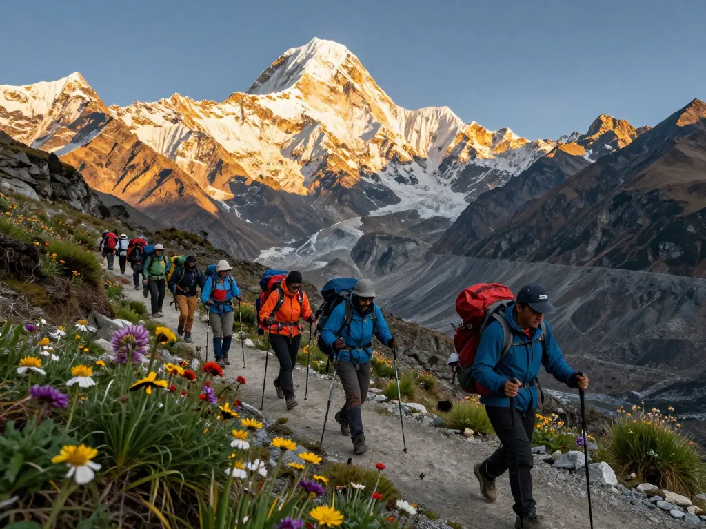 Annapurna Circuit adventure with trekkers ascending towards Thorong La Pass, surrounded by breathtaking Himalayan peaks.