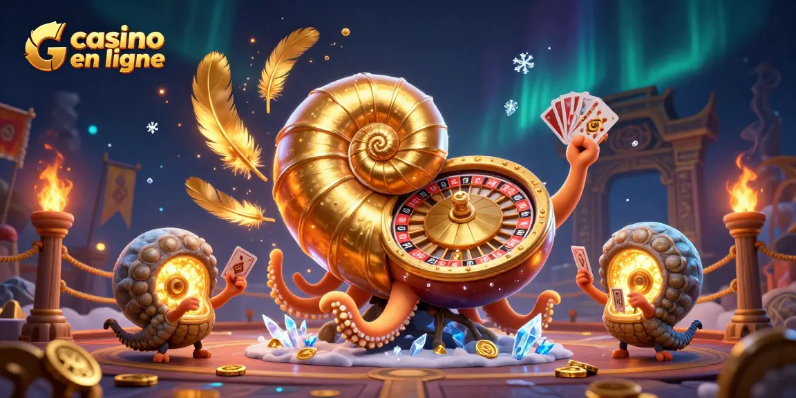 Illustration dynamique d'un casino en ligne avec un nautile antique et des effets de jeu captivants.