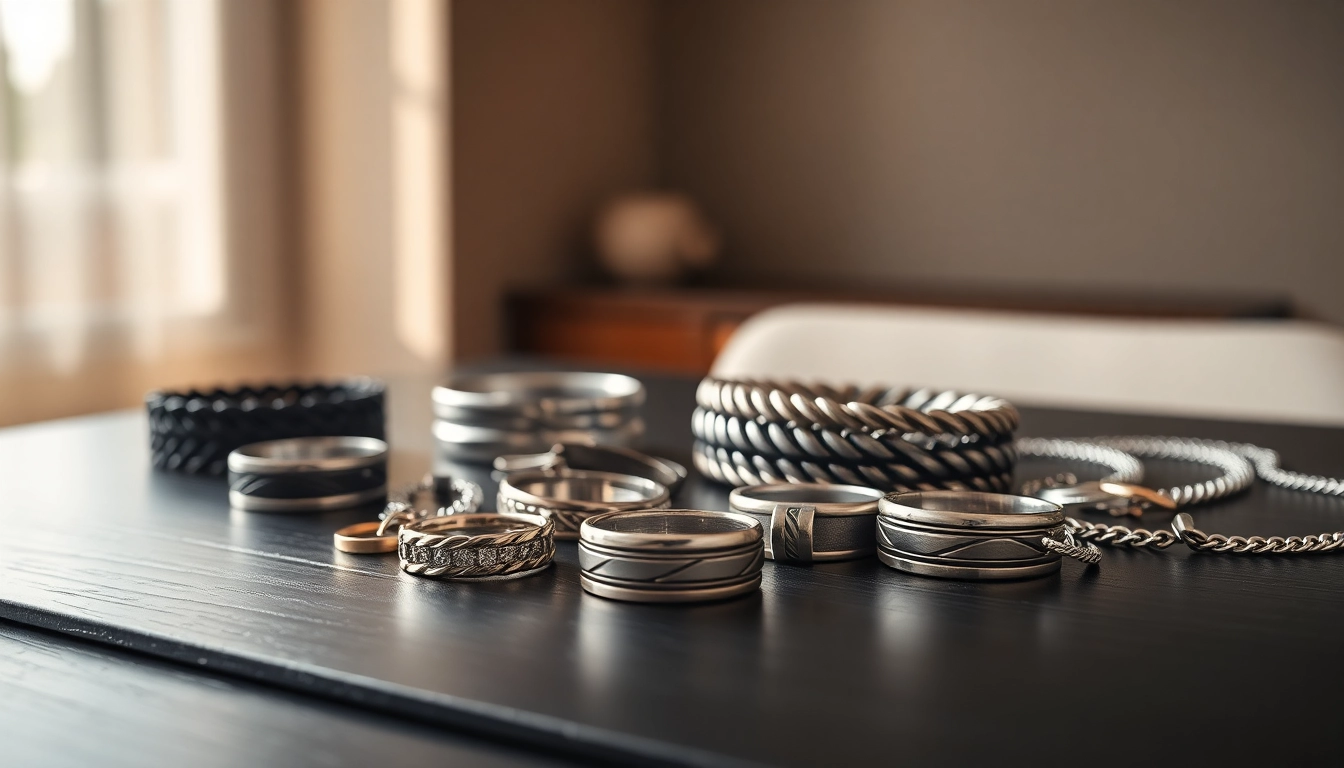 Display of stylish men’s jewelry featuring rings, bracelets, and necklaces on a wooden table.