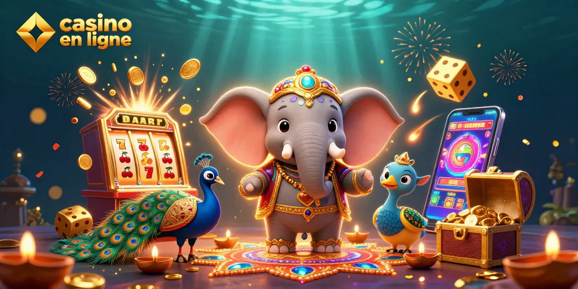 Profitez du casino en ligne avec un éléphant en décor festif accompagnés de symboles de jeu colorés.