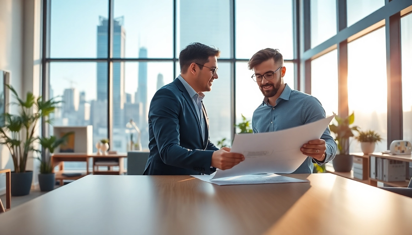 A building developer reviewing blueprints in a modern office space with a city view