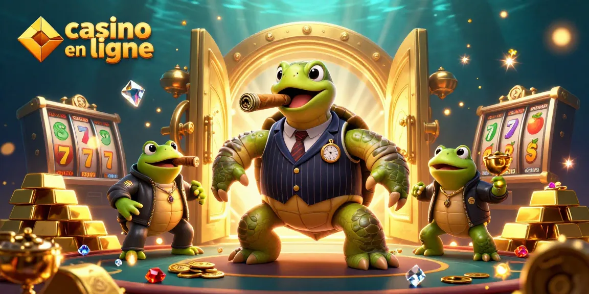 Casino en ligne : Illustration animée de jeu avec des tortues et des grenouilles sur un sol en or.