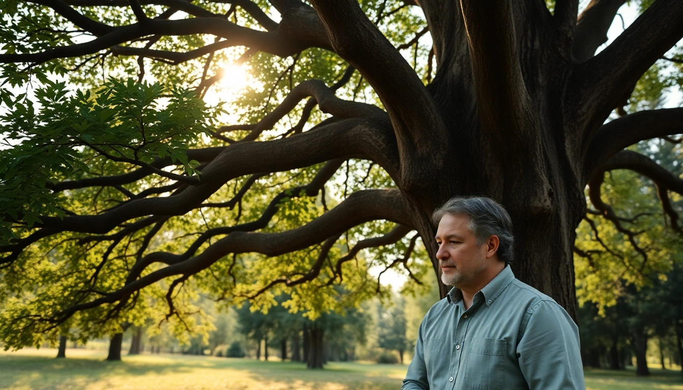 Black Mountain Tree Consultancy expert inspecting a lush tree in a serene forest.