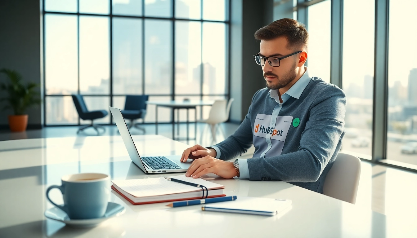 Marketer reviewing hubspot free tools in a modern office setting filled with natural light.