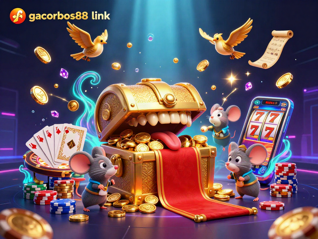 Experience the excitement of slots with gacorbos88 link, showcasing golden treasures and spinning reels.