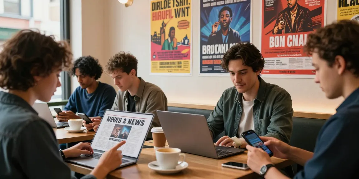 Engaged readers exploring news content on https://www.theindaily.com in an urban café setting.