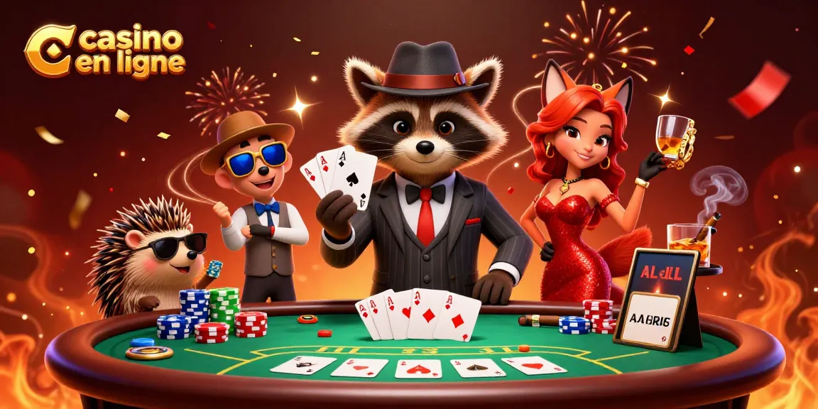Illustration d'un casino en ligne animé avec un raton laveur en costume et une main gagnante.