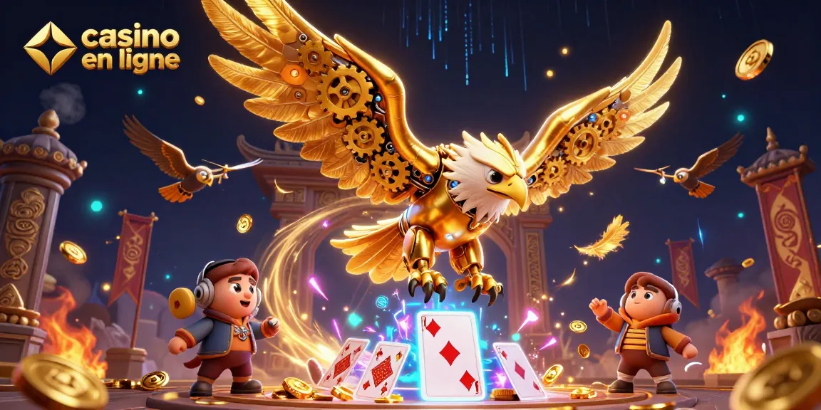 Jouer à casino en ligne avec un aigle cybernétique et des cartes holographiques captivantes.