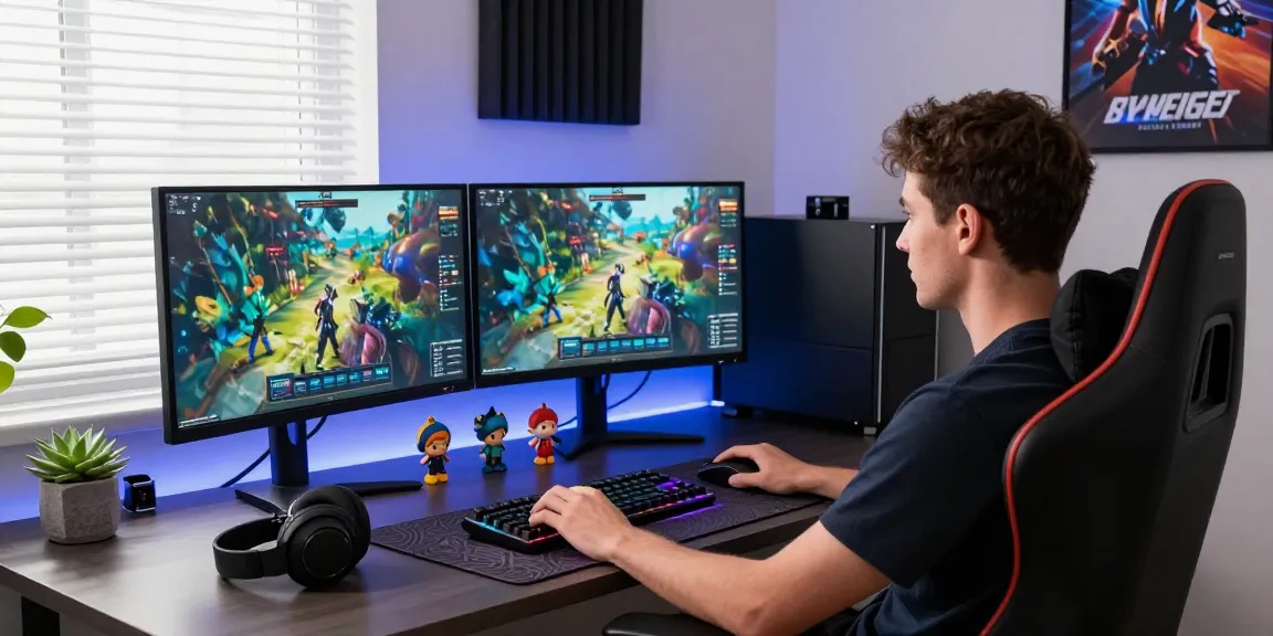 Focused gamer at a high-tech workspace with cika4d gaming setup elements.