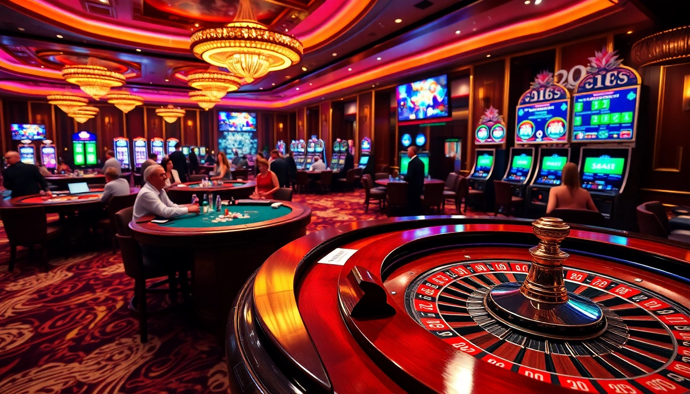 Scène excitante de casino en ligne 2026 présentant des jeux vibrants, des jetons de poker et une roulette.