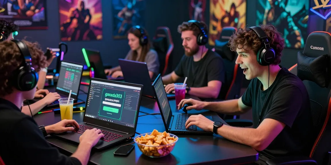 Excited gamer clicking on garuda303 login, surrounded by vibrant gaming accessories.