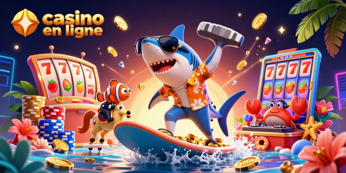 Le casino en ligne vous invite à gagner avec le requin nageant sur une vague de pièces d'or.