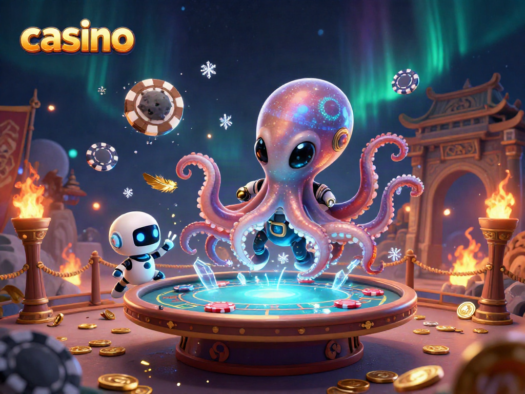 Alien casino scene featuring a flamboyant octopus with a poker table and cosmic chips.