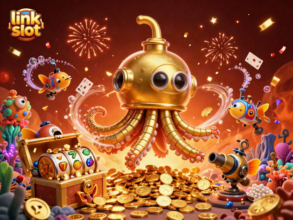 Immerse in the thrill of link slot gaming with dynamic gold coins and lively casino elements.