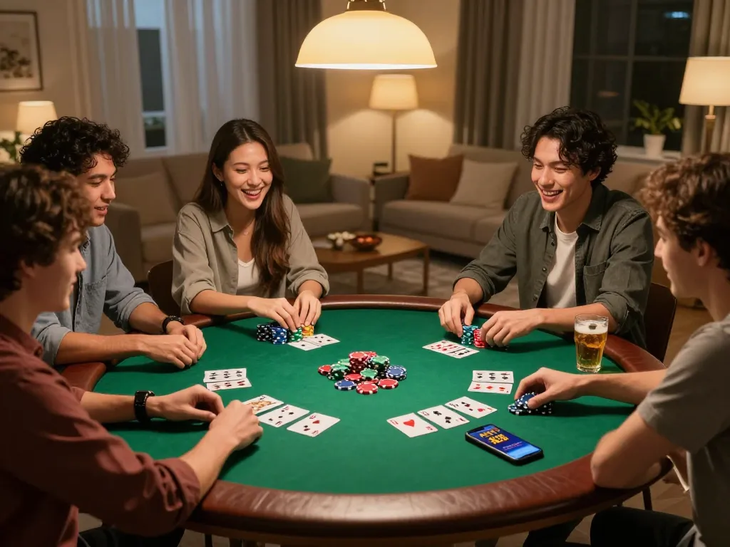 Friends using the FAFA 828 app while enjoying a lively poker game at home, showcasing strategic gameplay.