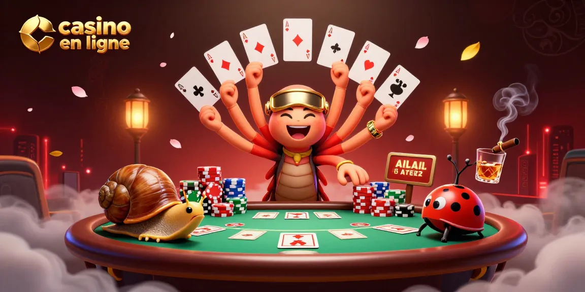 Casino en ligne : un millipède croupier et un escargot se disputent des jetons au poker.