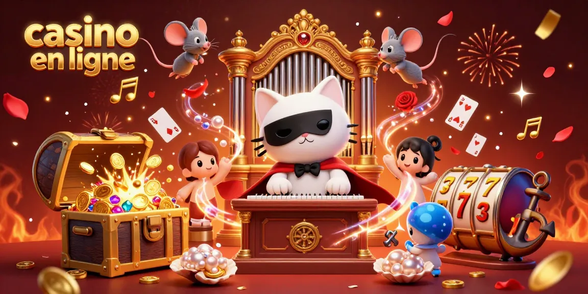 Illustration d'un chat fantôme jouant au casino en ligne, entouré de trésors et de confettis.