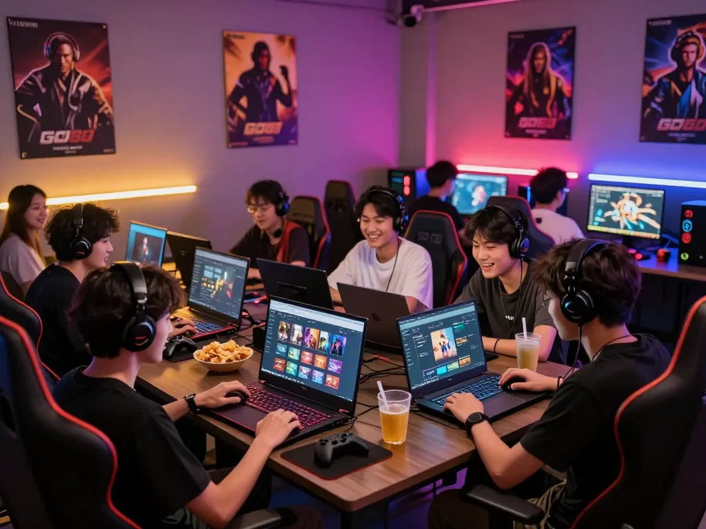 Excited players enjoying go88 in a vibrant gaming lounge with colorful LED lights.