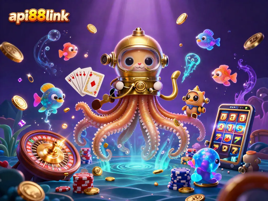 Experience the excitement of api88link with dynamic 3D casino elements, golden kraken, and diving cat!