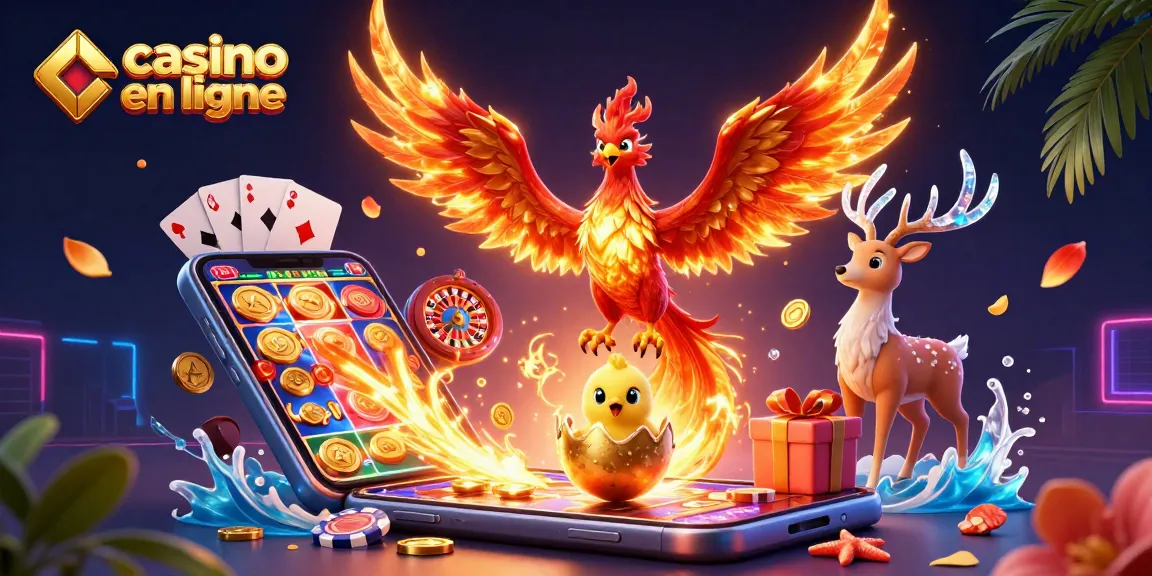 Découvrez l'univers passionnant des casinos en ligne avec un phénix en feu et des éléments de jeu en 3D.