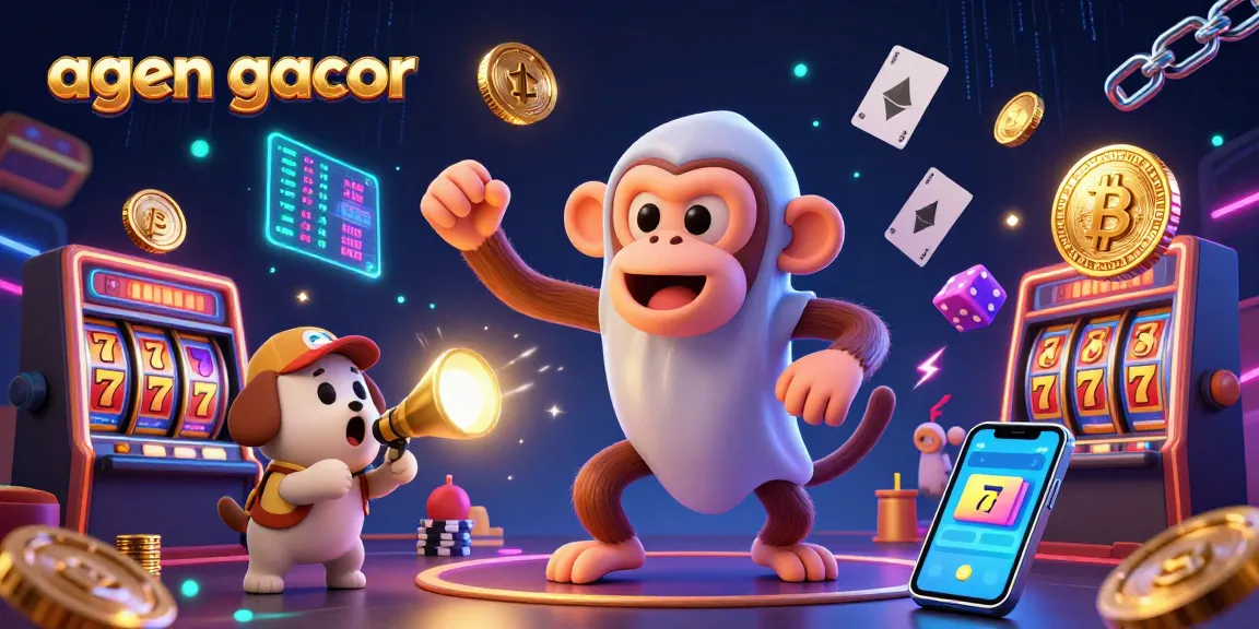 Engage with the agen gacor platform; a playful monkey juggles casino tokens in a vibrant illustrated scene.