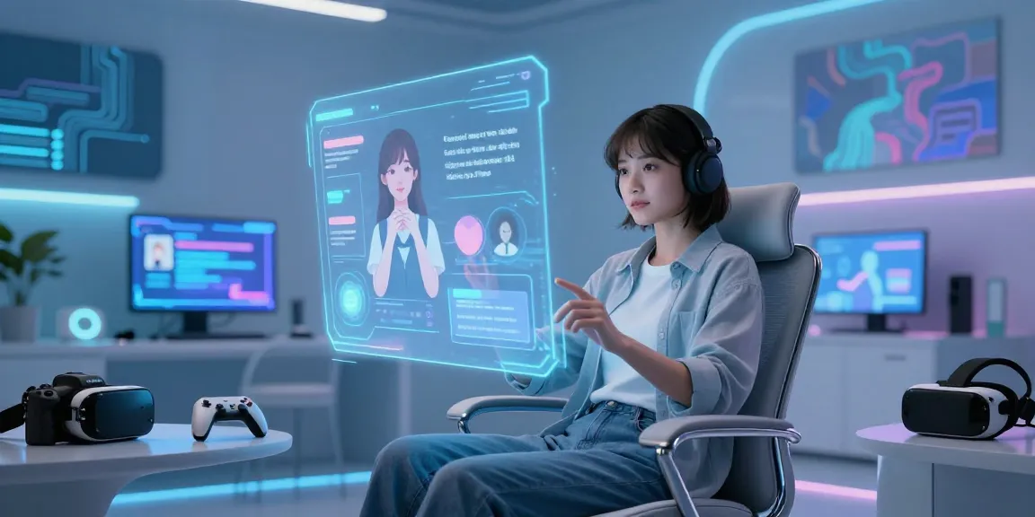 Engaging interaction with an AI girlfriend in a futuristic virtual environment with holographic displays.