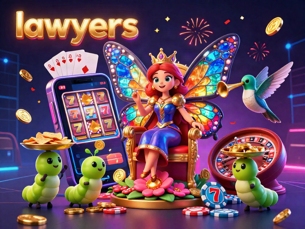 Engaging scene of lawyers illustrated as a butterfly queen surrounded by chips, with festive slot game elements.