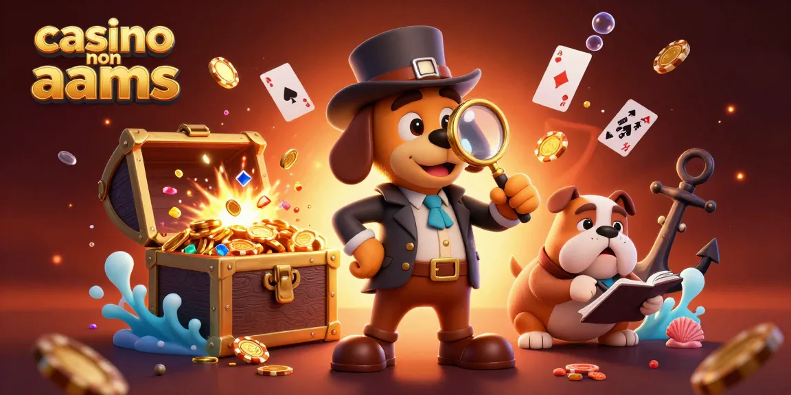 Giocando al casino non AAMS, un detective e un bulldog esplorano indizi d'oro in un'illustrazione vivace.