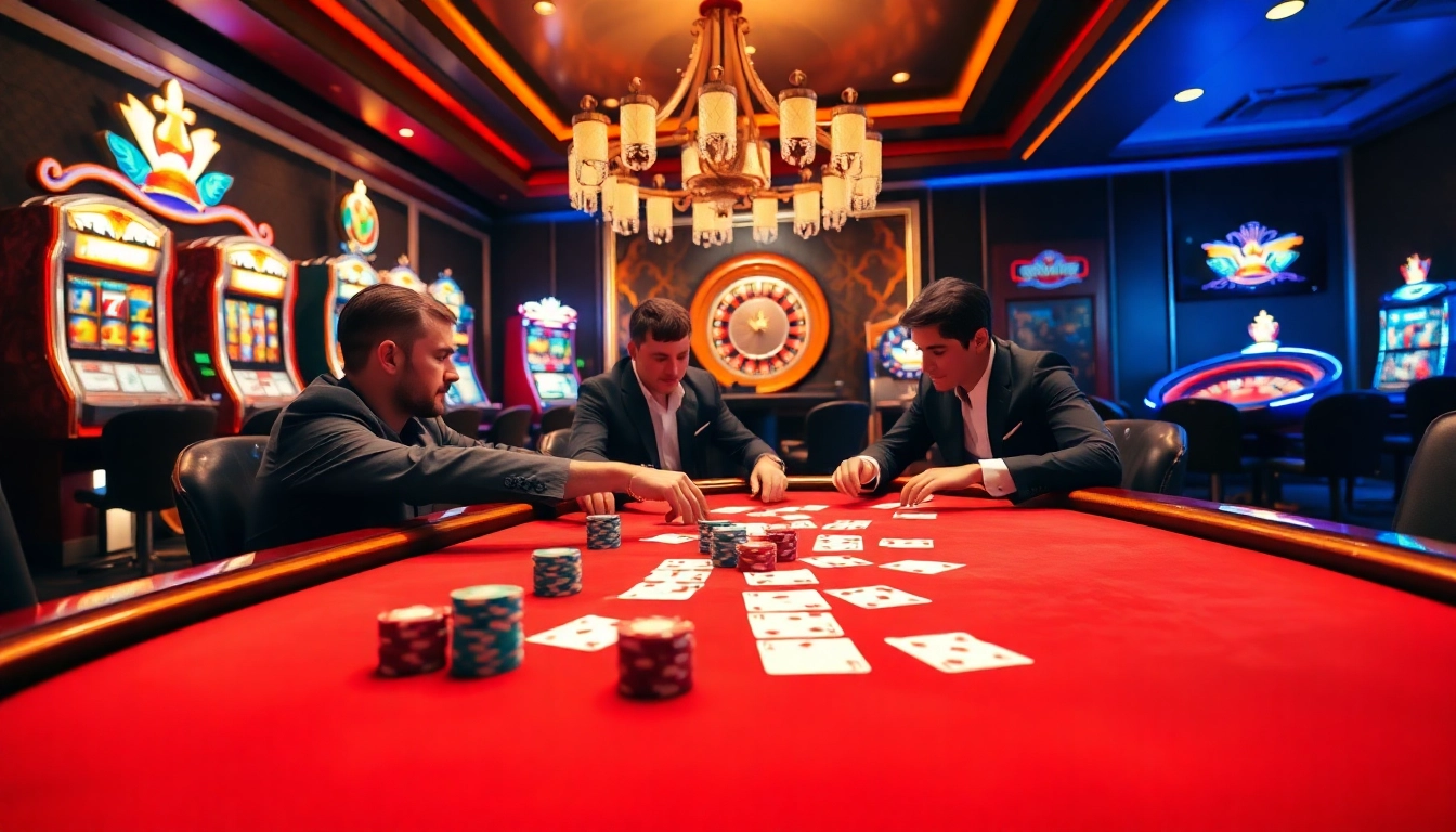 L'excitation du casino en ligne 2026 capturée avec des joueurs à une table de poker au milieu d'éléments de jeu vibrants.